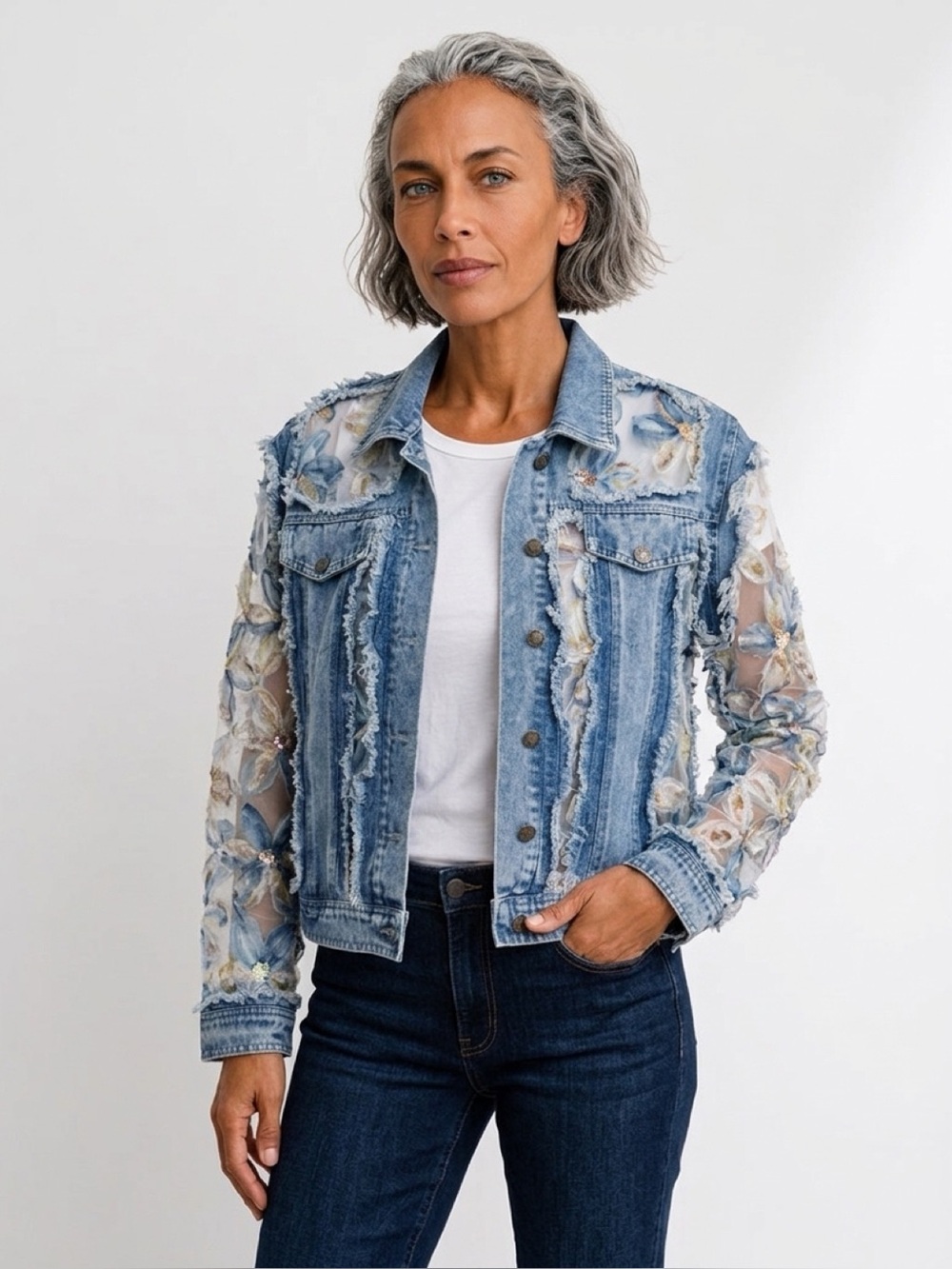 Veveret Denim Jacket With Floral Organza Inset in Medium Wash